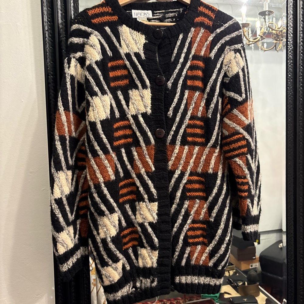 1980s Liptons Wool Cardigan with Geometric Accents